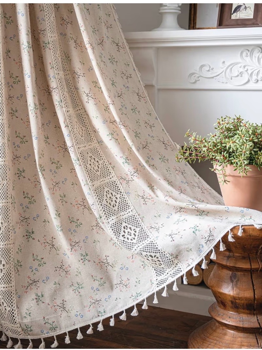 Floral Crochet-Trim curtain panels (3) in Cream with Pastel Blossoms